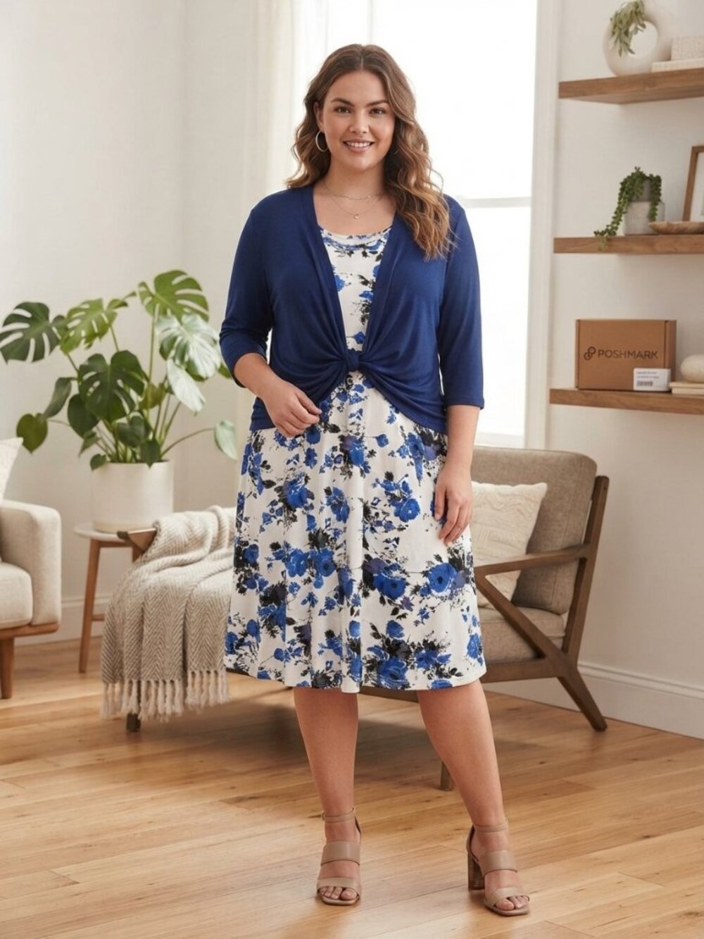 Floral Dress Shrug Set Blue White 1X